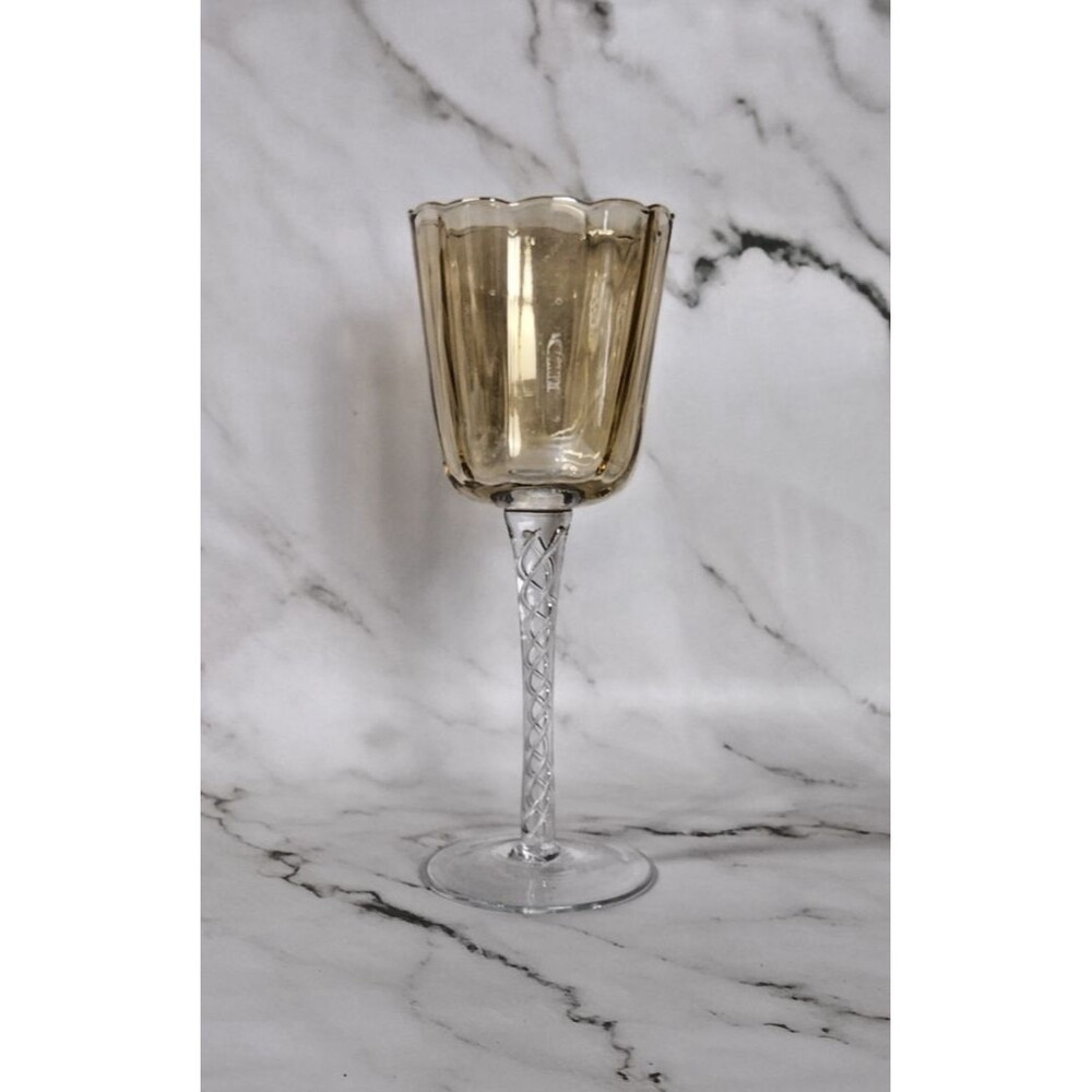 VTG Crystal Glass Long Twisted Stem Scalloped Edge Iridescent Amber Goblet